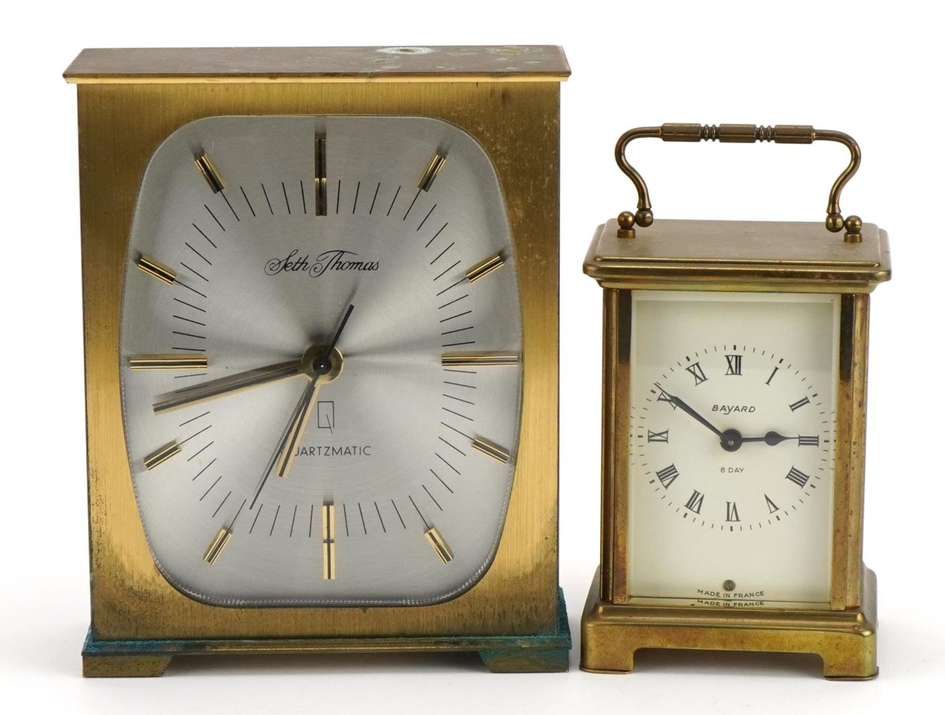 Brass cased Bayard eight day carriage clock and a Seth Thomas mantle clock, the largest 16.5cm high