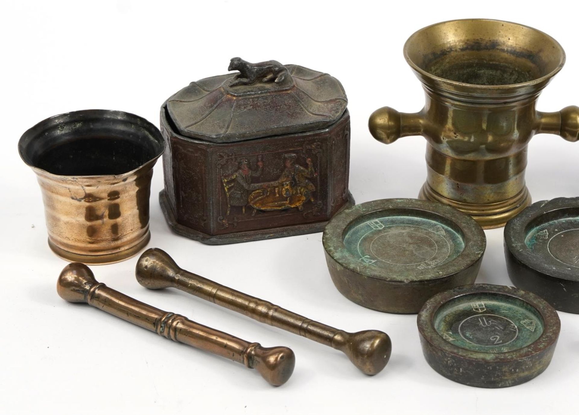 Metalware including an antique bronze pestle and mortar, various weights and antique lead tobacco - Image 2 of 3