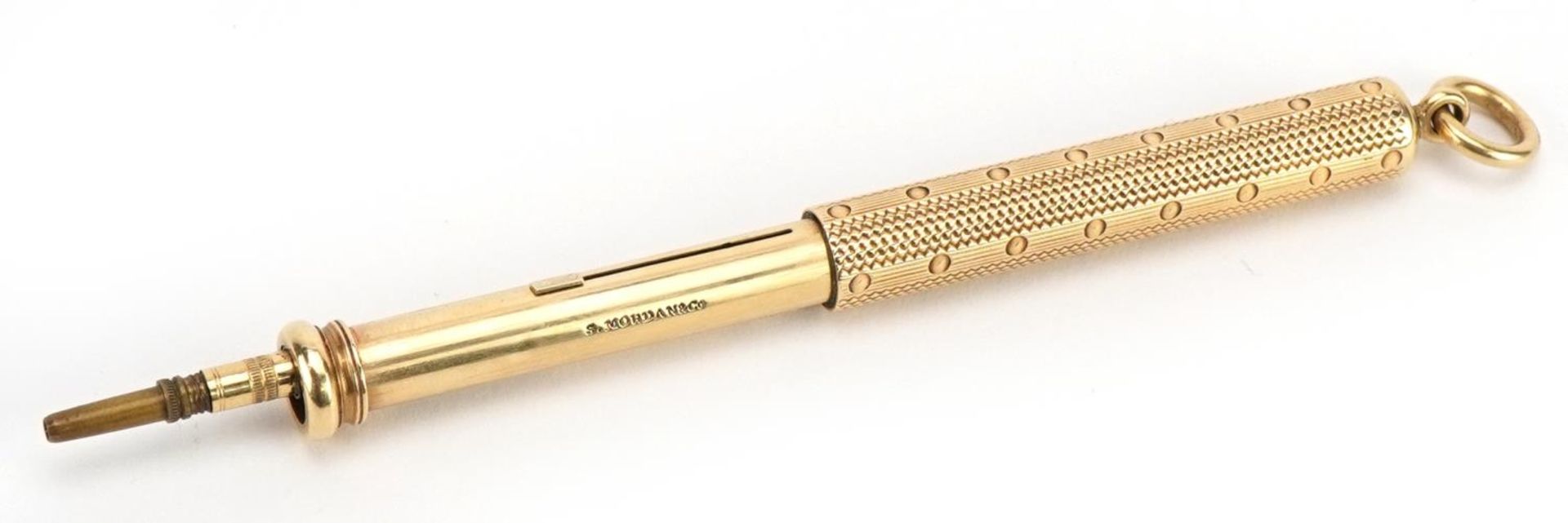 S Mordan & Co, unmarked gold propelling fountain pen and pencil with engine turned decoration,