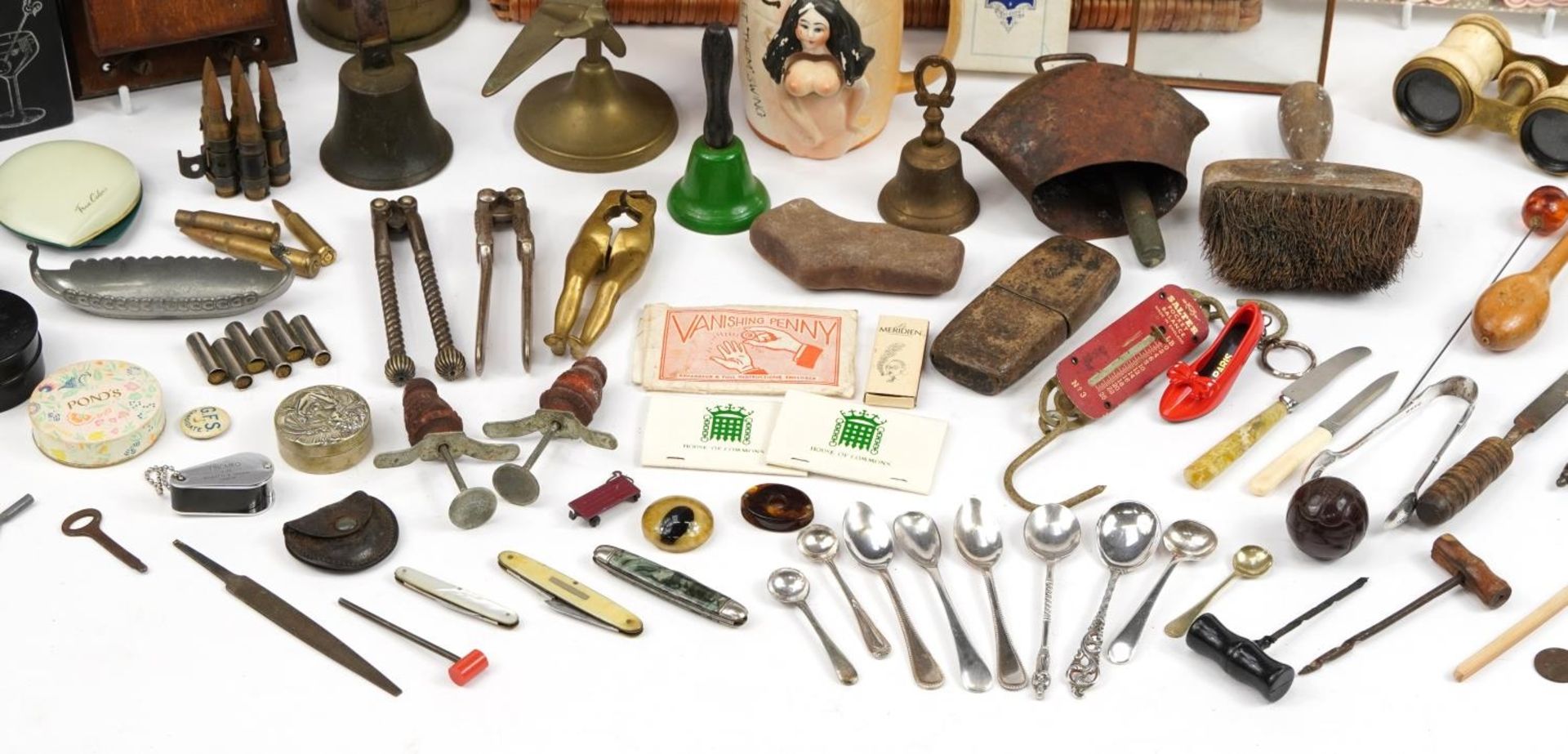 Antique and later objects including bone opera glasses, world coins, folding boxwood rules, cow - Image 4 of 5
