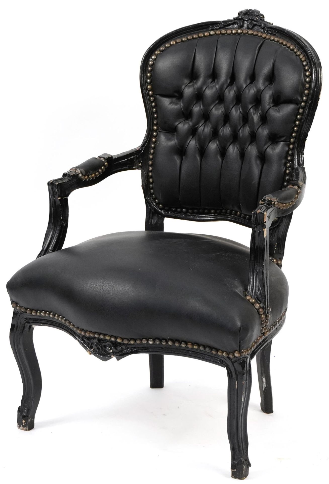 French style black painted elbow chair with black faux leather button back upholstery, 92cm high