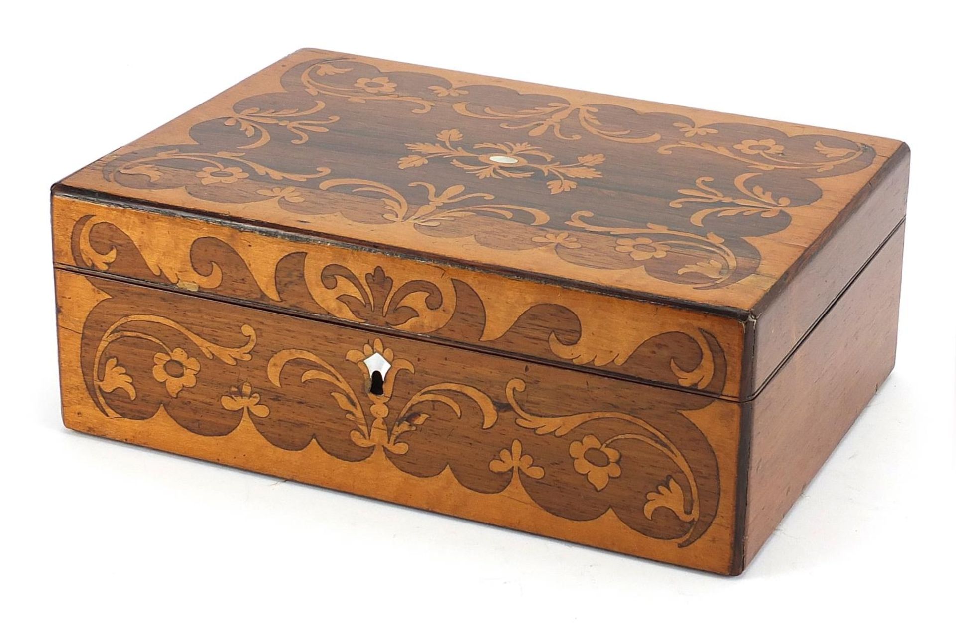 Victorian inlaid rosewood and walnut workbox, 11cm H x 30cm W x 21.5cm D