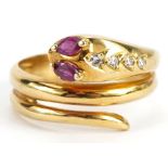 18ct gold serpent ring set with four diamonds and ruby eyes, size P, 6.0g