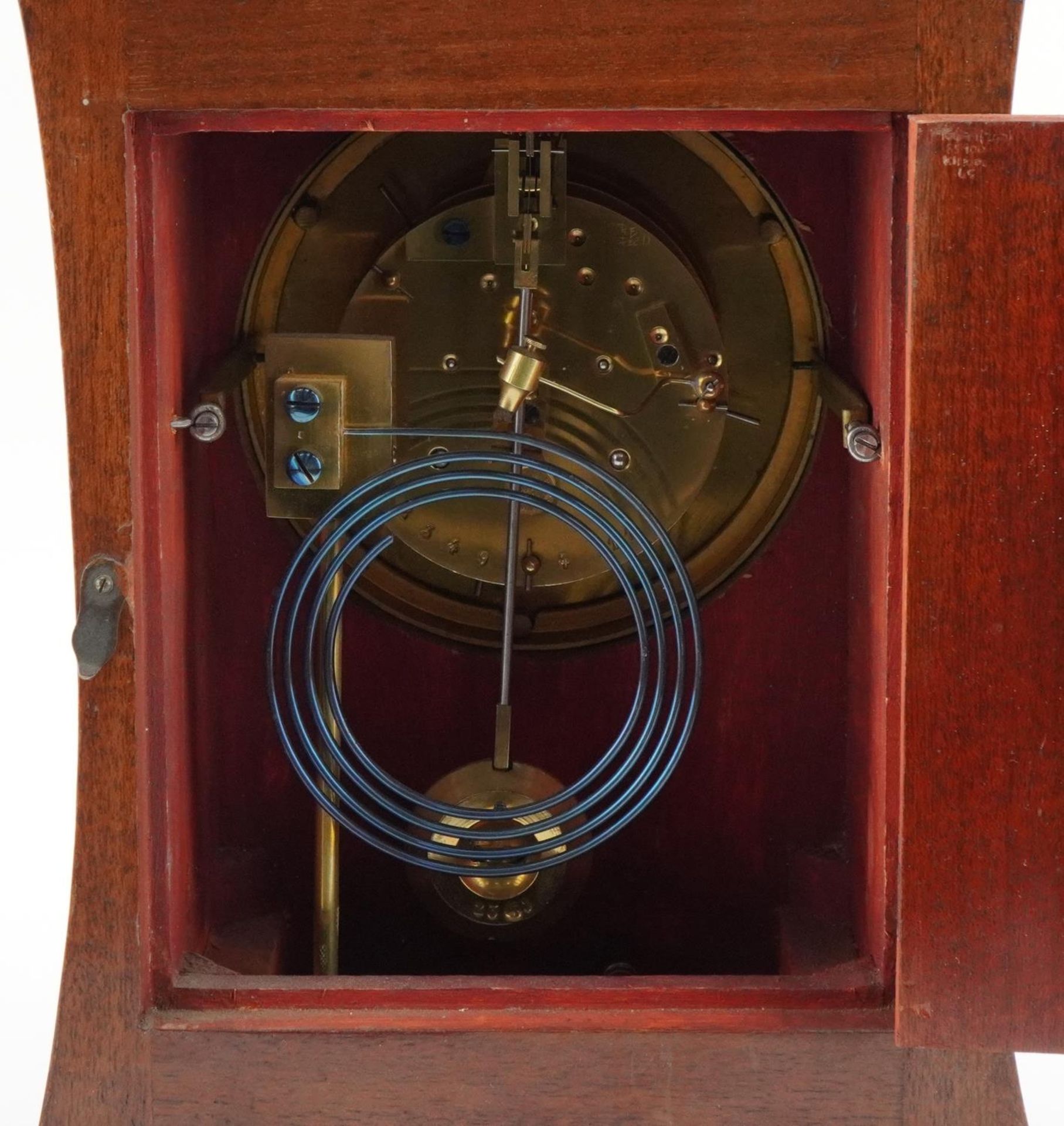 19th century inlaid mahogany mantle clock with enamelled dial, striking on a gong, having Roman - Image 4 of 5