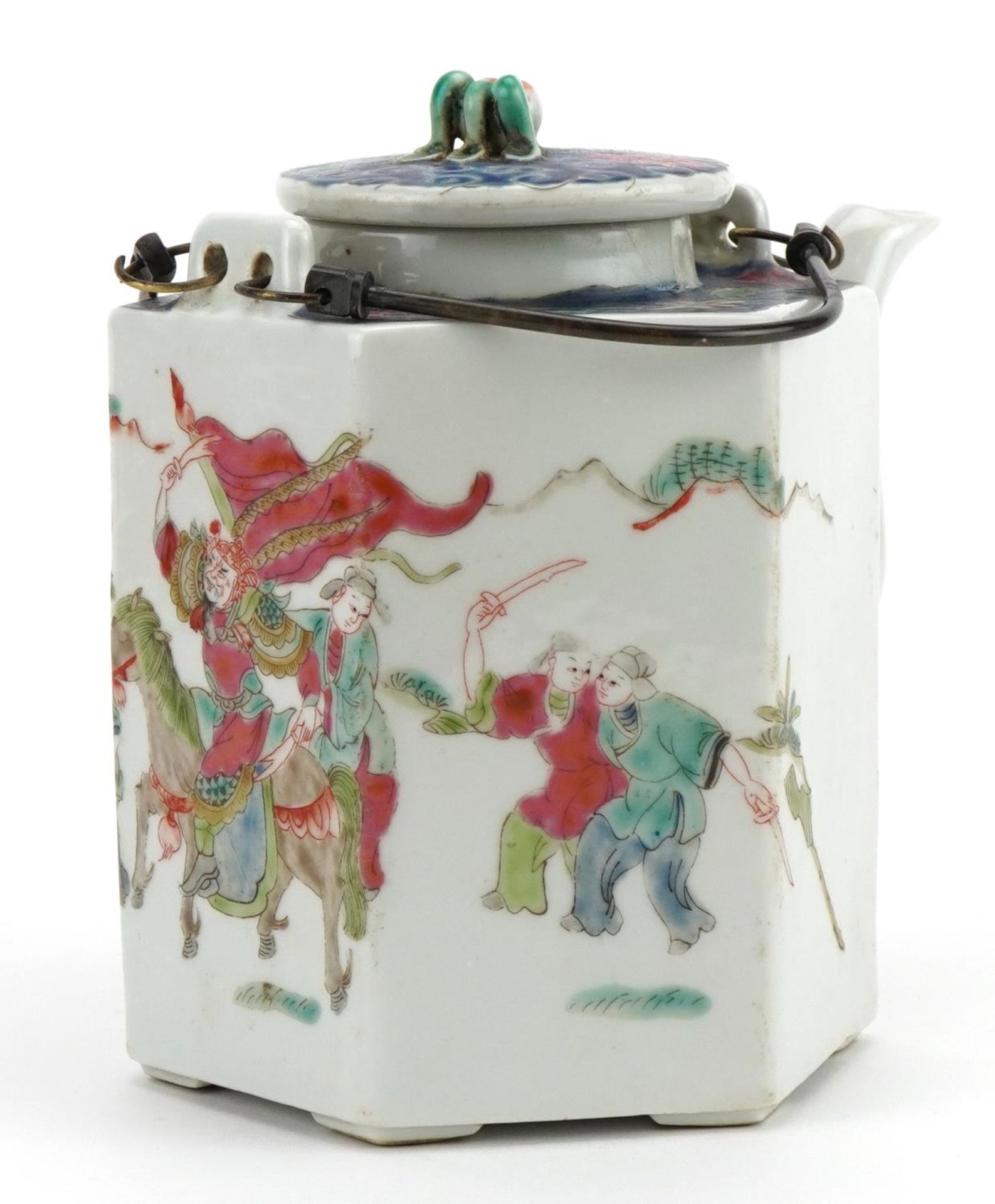 Chinese porcelain hexagonal teapot hand painted with warriors, four figure iron red character - Image 2 of 3