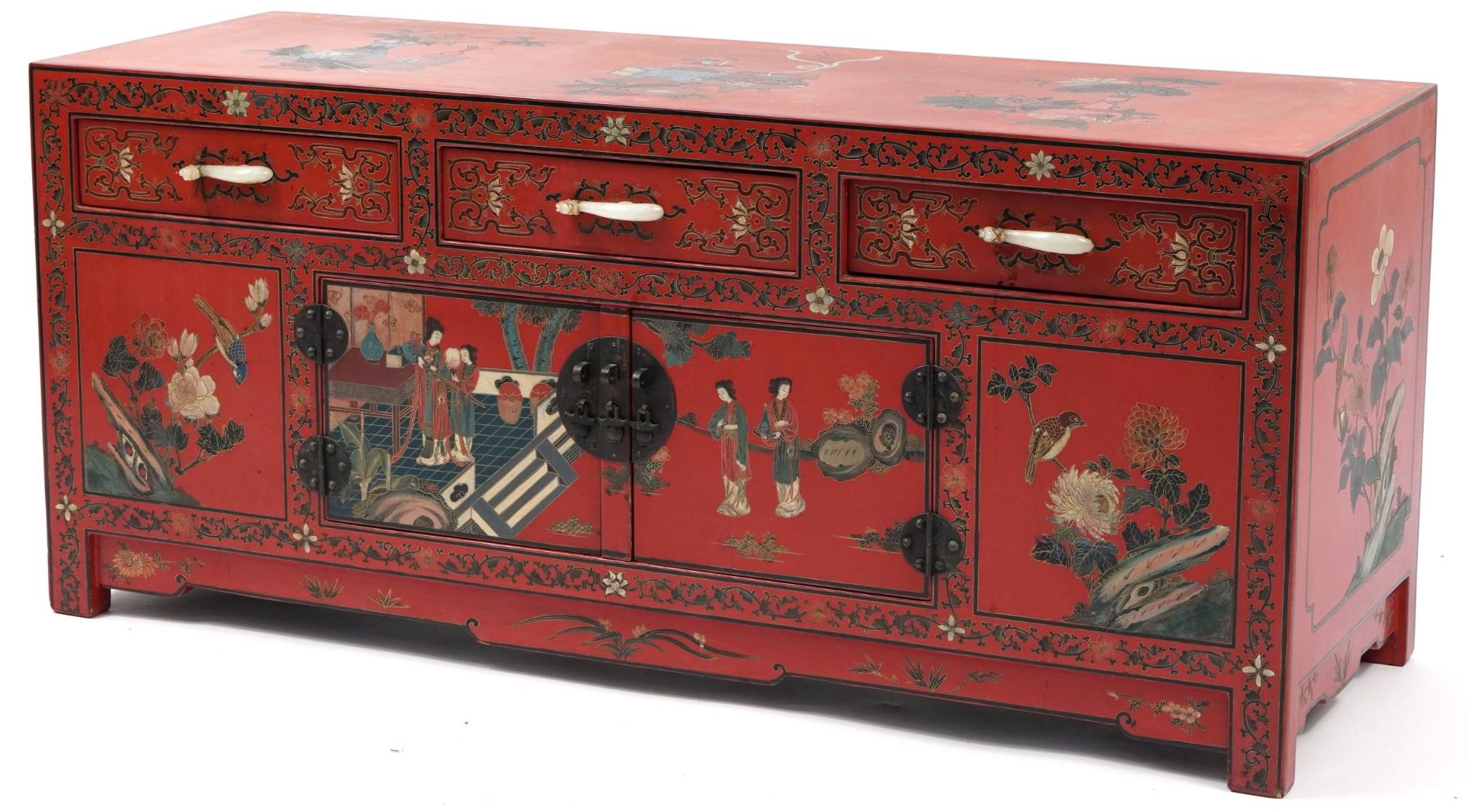 Chinese red lacquered chinoiserie side cabinet with carved hardstone handles, 49cm H x 110cm W x