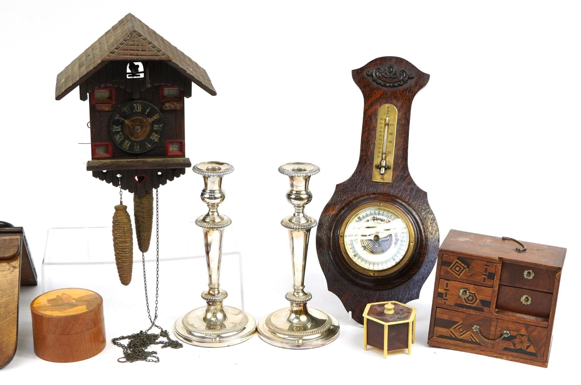 Sundry items including a carved Black Forest cuckoo clock, pair of silver plated candlesticks and an - Image 3 of 3