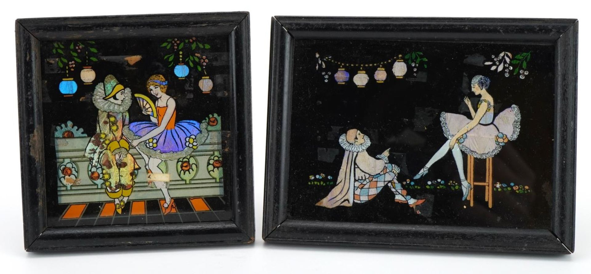 Two butterfly wing pictures of Pierrot housed in ebonised easel frames, the largest overall 13cm x