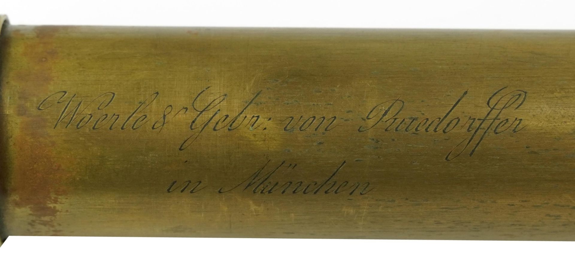 19th century German mahogany bound four draw brass telescope engraved Woerle & Gebr von Ruedorffer - Image 3 of 3