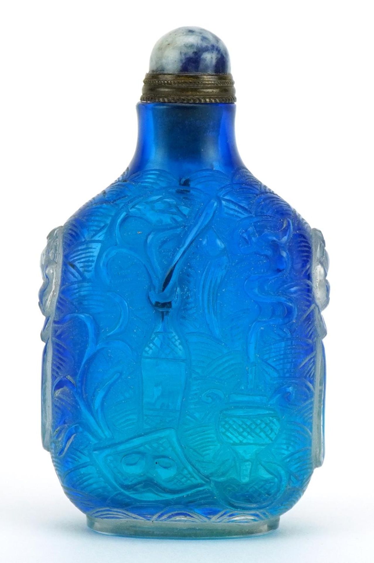 Chinese blue glass snuff bottle decorated in relief with lucky objects, 7.5cm high - Image 3 of 4