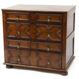 Jacobean oak four drawer chest with brass handles and bun feet, 81cm H x 87cm W x 54cm D