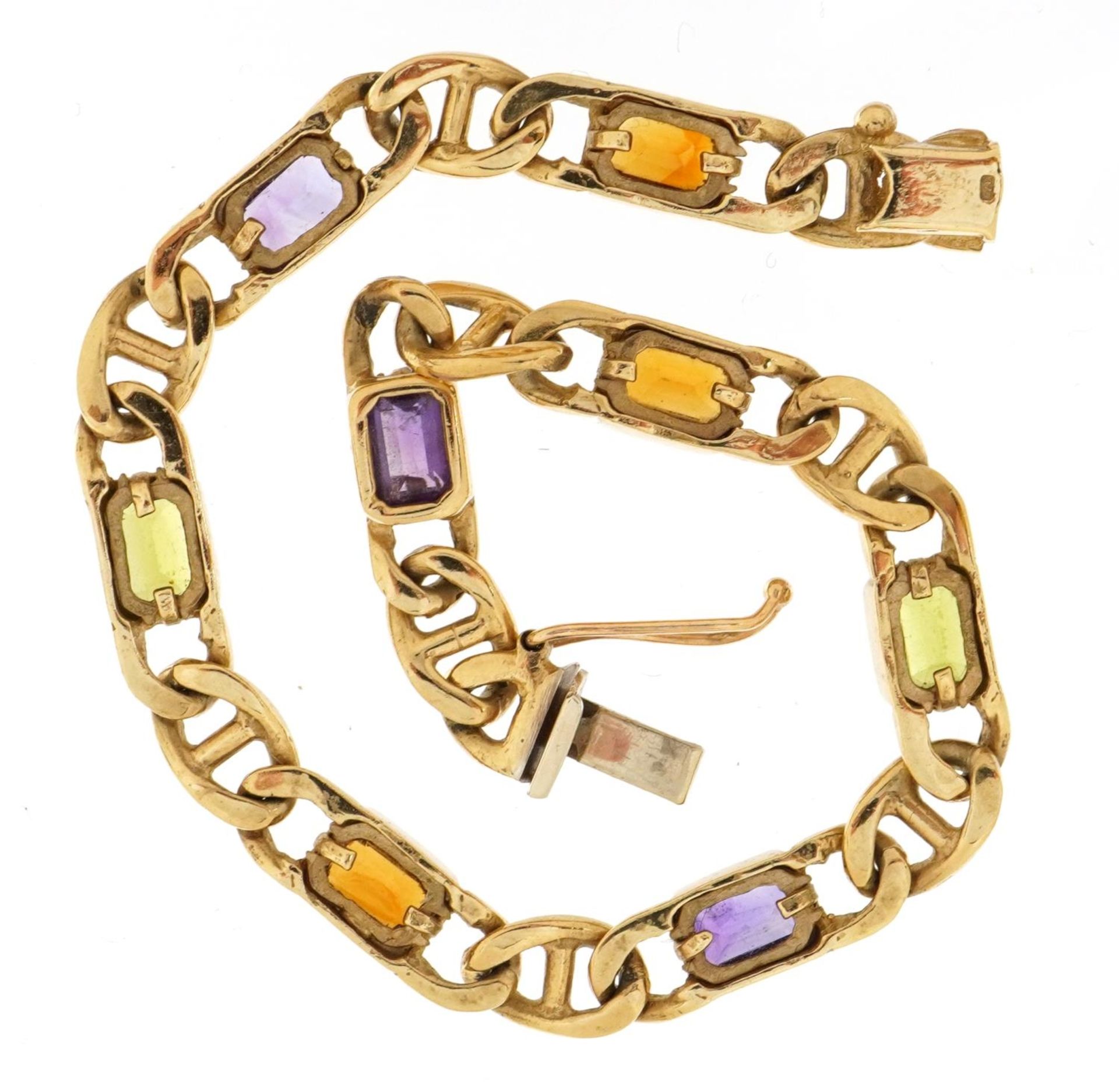 9ct gold curb link design bracelet set with purple, green and orange stones, 17.5cm in length, 12.4g - Image 3 of 4