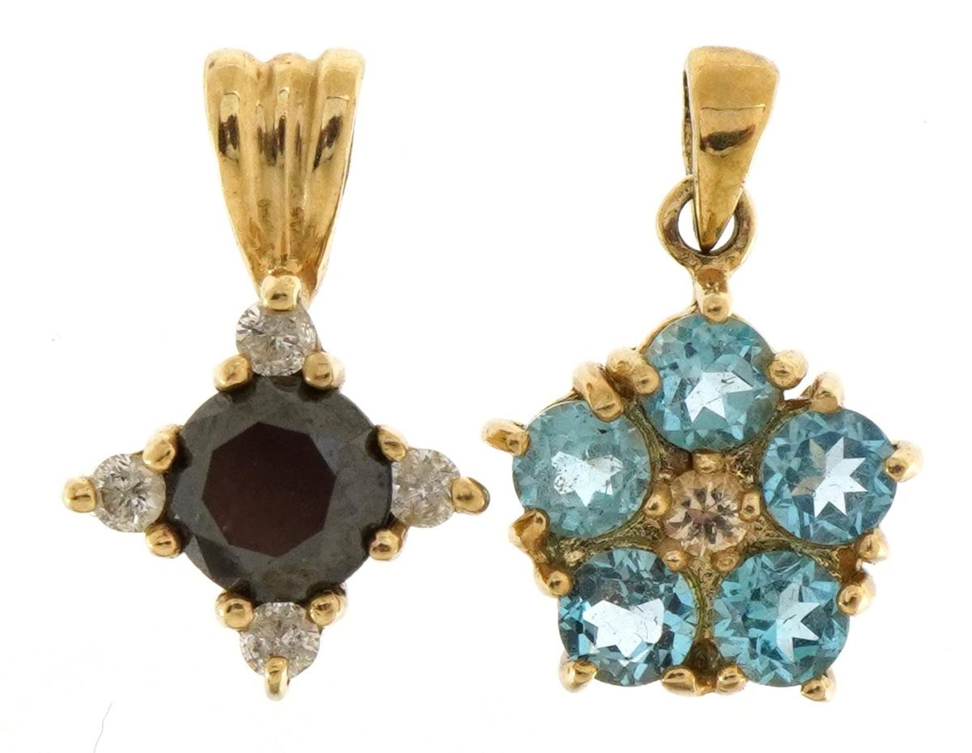 Two 9ct gold pendants including one set with four diamonds, the largest 1.6cm high, total 3.0g