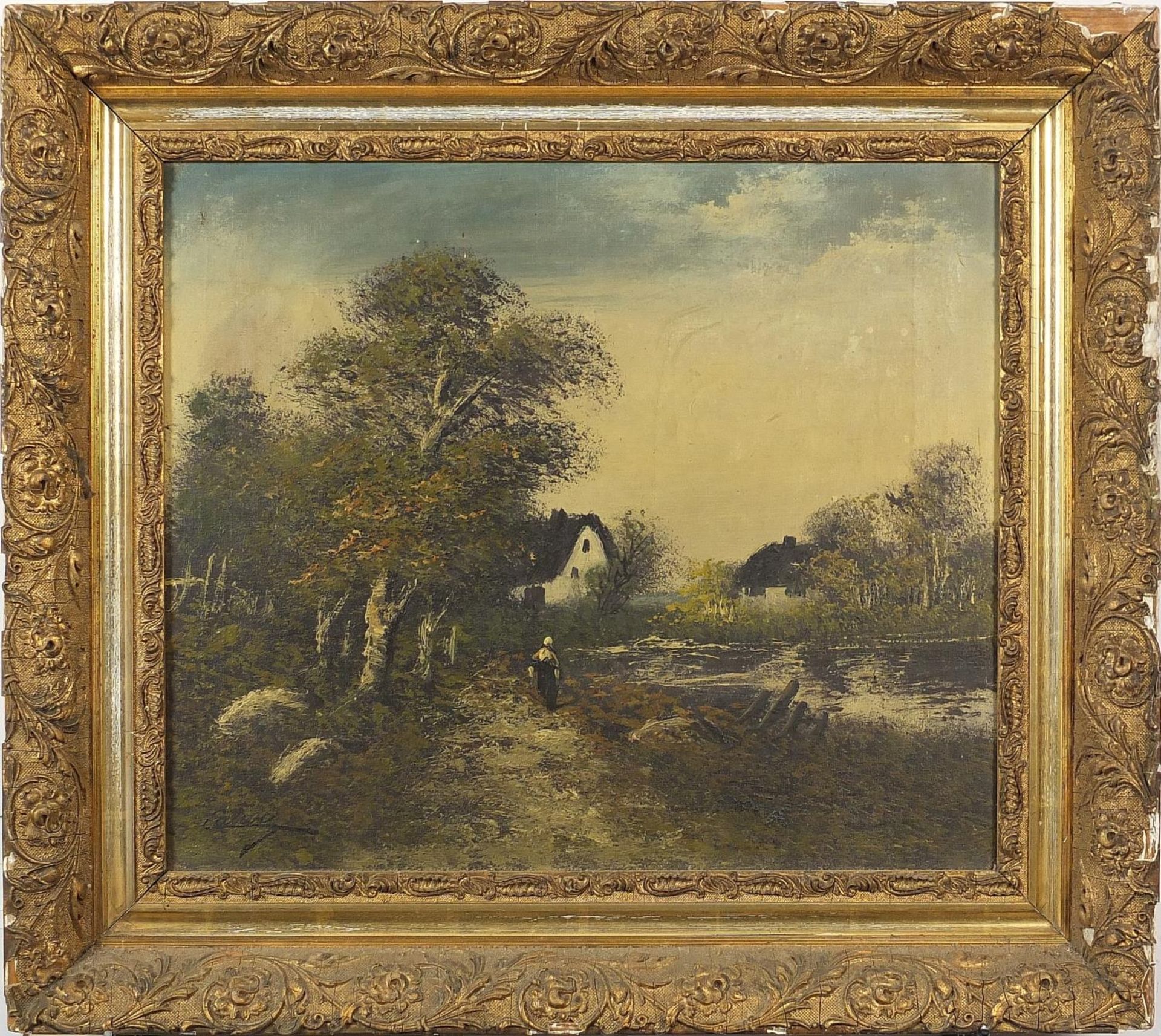 Henri Catrou - River landscape with figure before a cottage, Barbizon school oil on canvas, - Bild 2 aus 4