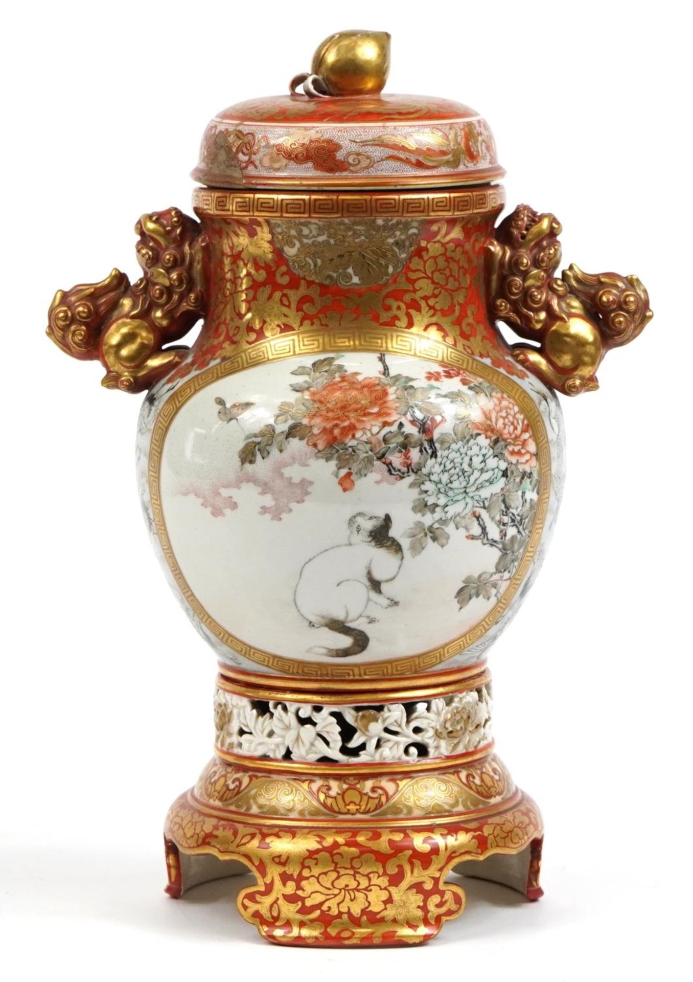 Japanese Kutani porcelain lidded vase with twin handles raised on a stand, finely hand painted - Image 3 of 4