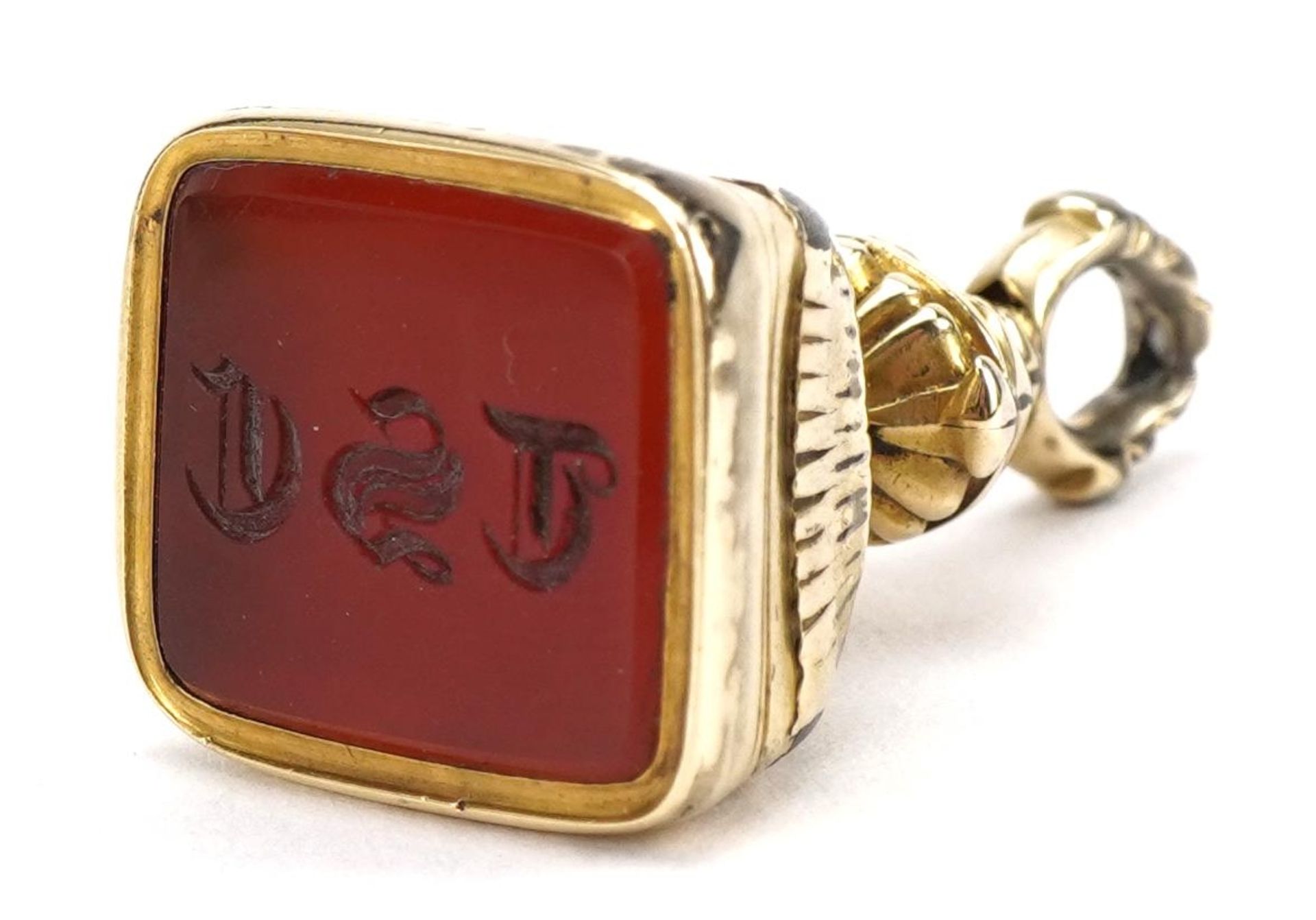 Antique yellow metal carnelian seal fob, engraved with initials, 2.9cm high, 7.6g - Bild 3 aus 3