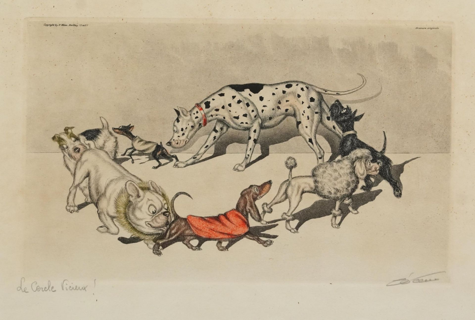 Boris O'Klein - Dogs Scenting, French pencil signed etching in colour, framed and glazed, 43cm x