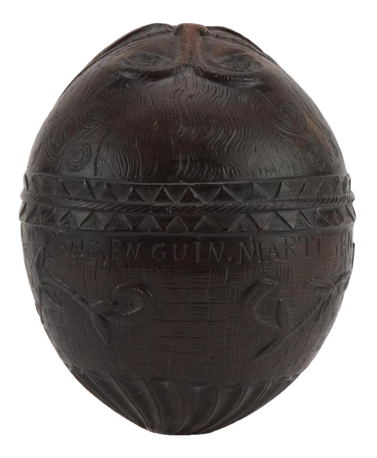 Antique coconut shell carved in the form of a bearded man inscribed Jane En Guin Martin EnGuin, 12. - Image 3 of 3