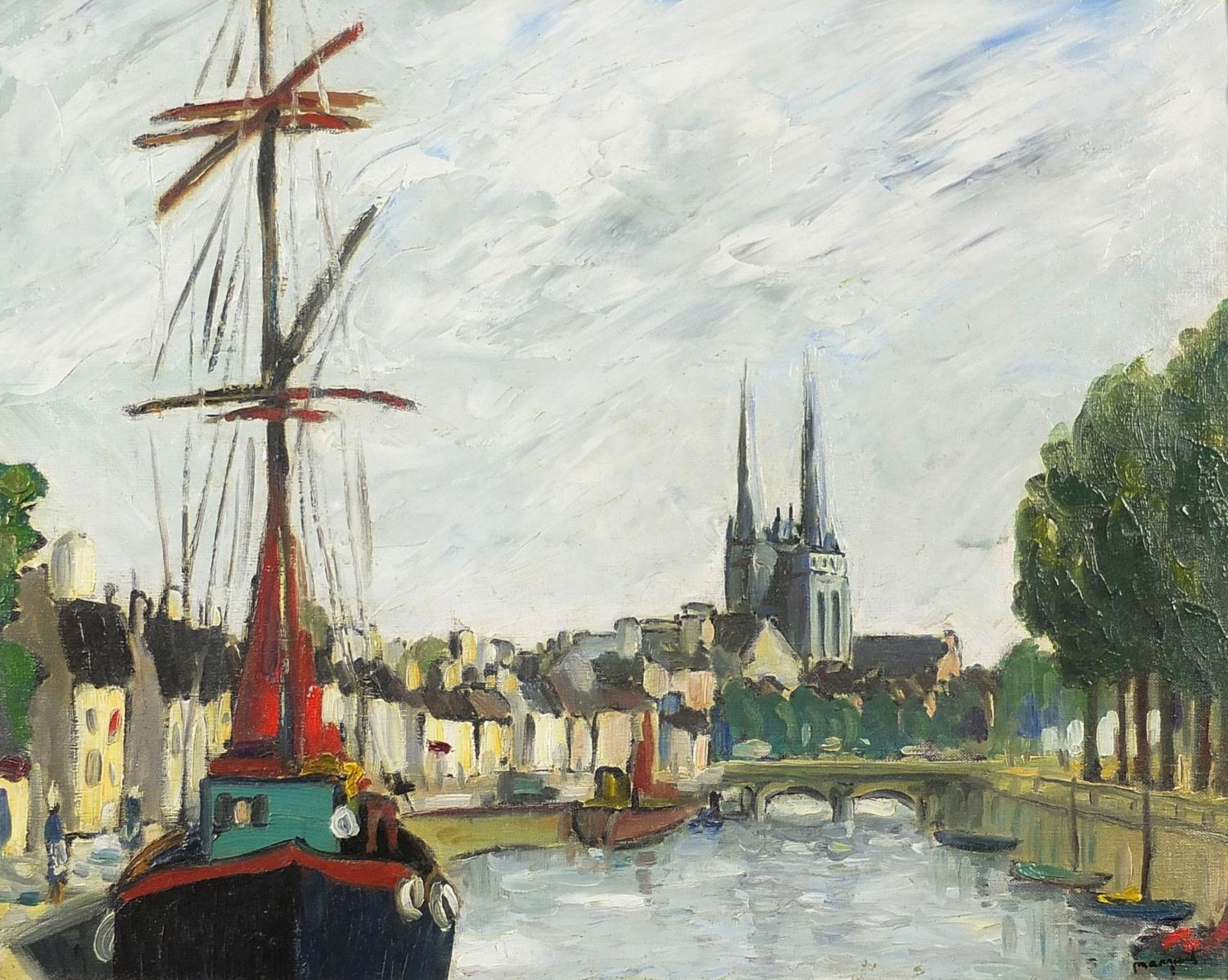 Manner of Albert Marquet - River landscape with boats before a cathedral, French Fauvist school