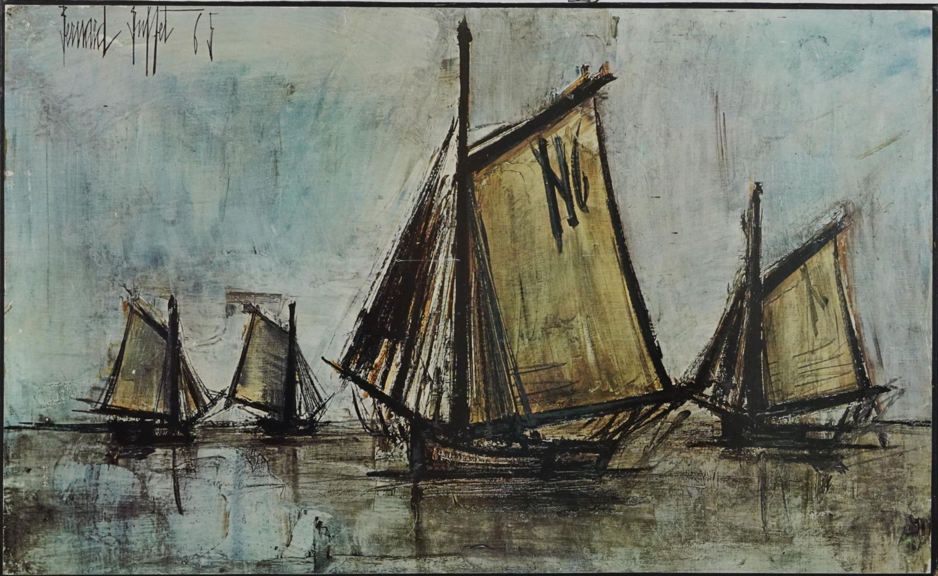After Bernard Buffet - Boats on water, vintage print in colour, framed, 85cm x 53cm excluding the - Bild 2 aus 4