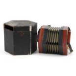 Lachenal & Co mahogany cased thirty one button concertina with case, retailed by Douglas & Co, 7