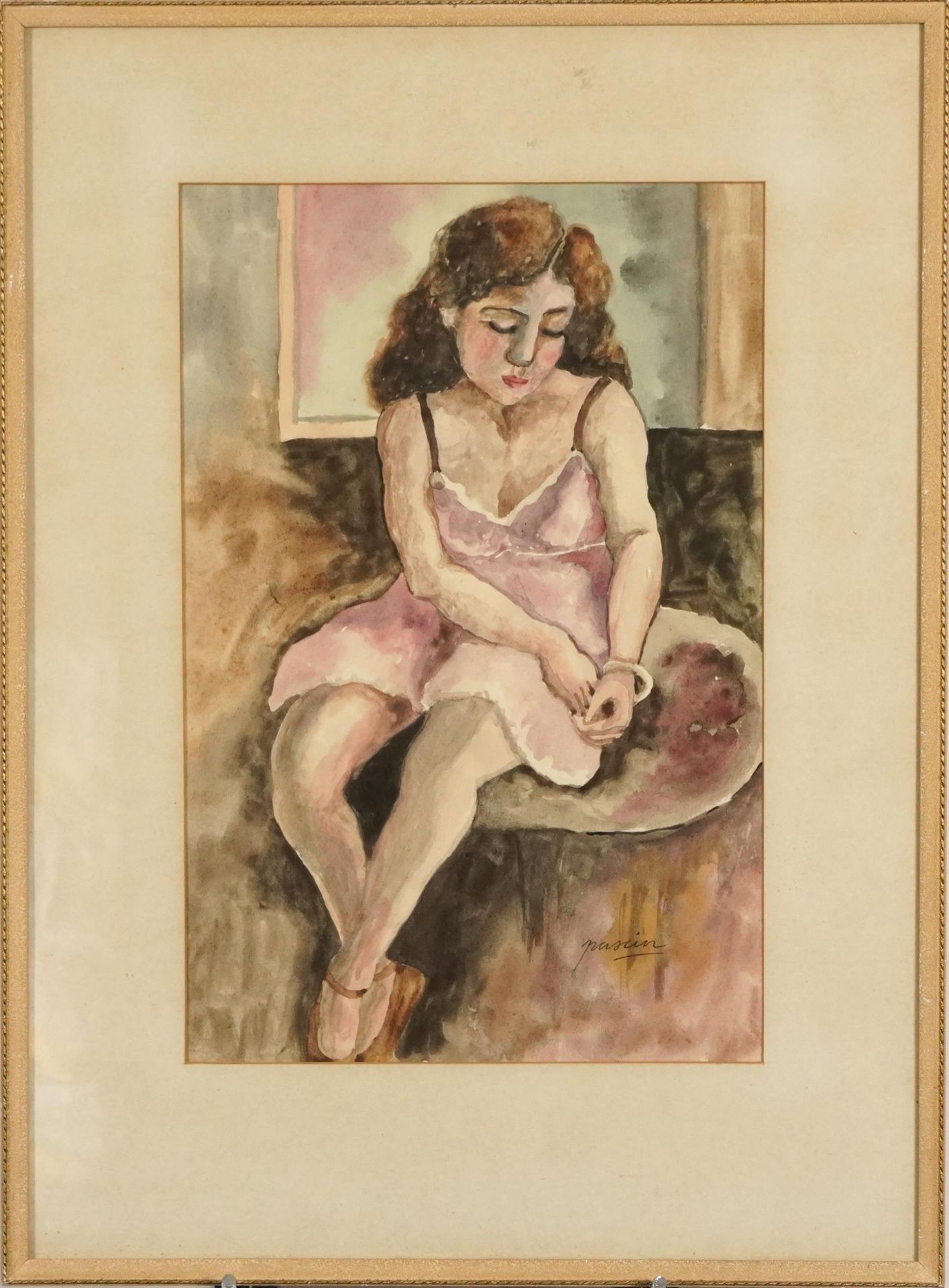 Full length portrait of a seated female wearing a bracelet, French school watercolour on paper, - Image 2 of 4