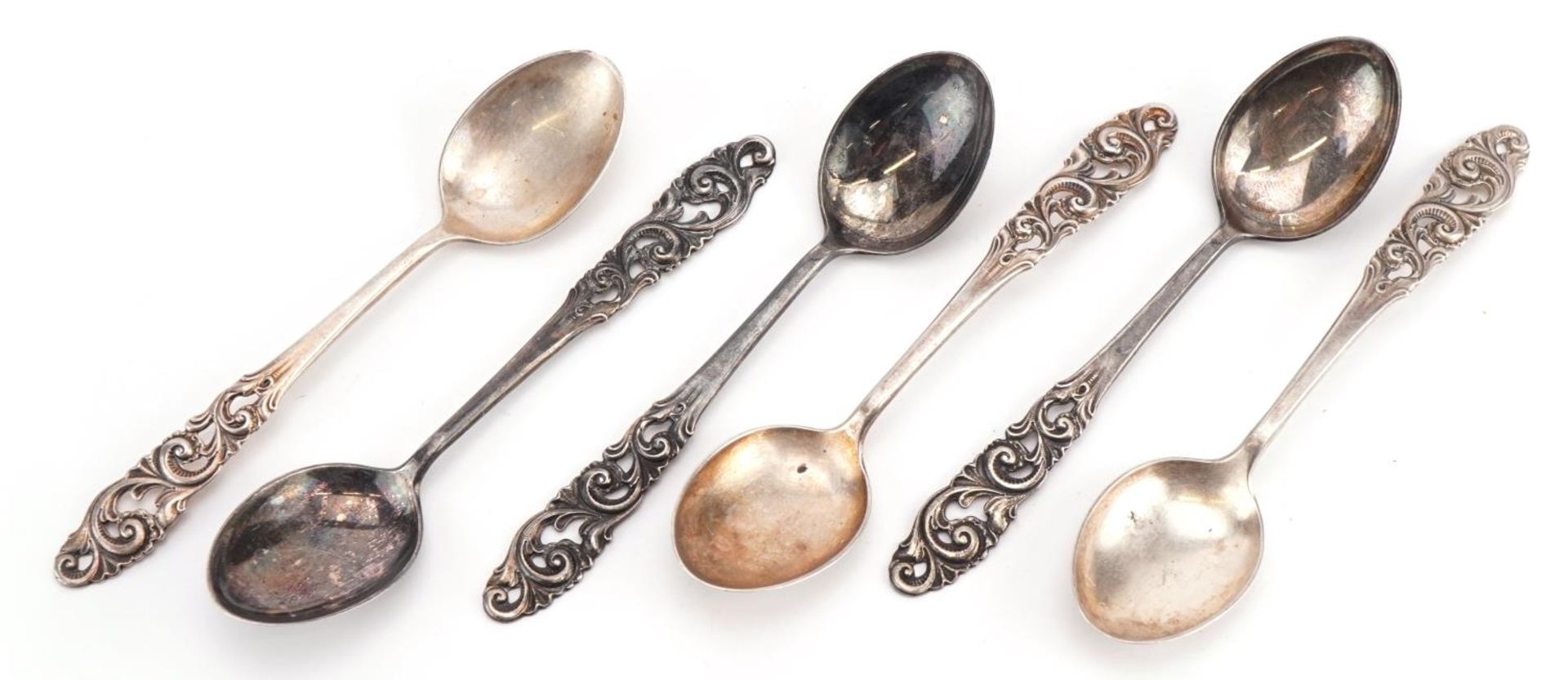 Norwegian 830S silver teaspoons with pierced terminals, 11.5cm in length, 63.0g