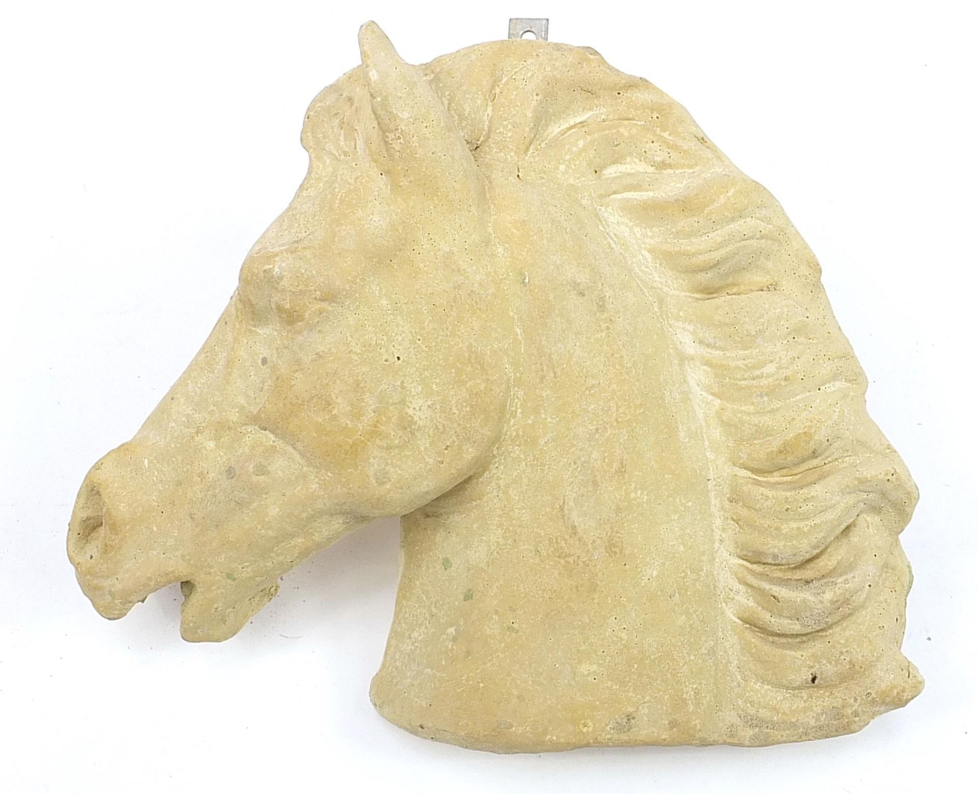 Garden stoneware horsehead plaque, 38cm wide