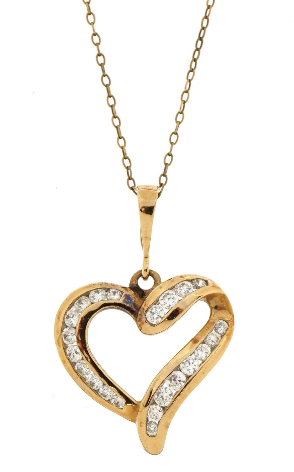 9ct gold clear stone love heart pendant on a 9ct gold Belcher link necklace, 3.2cm high and 48cm