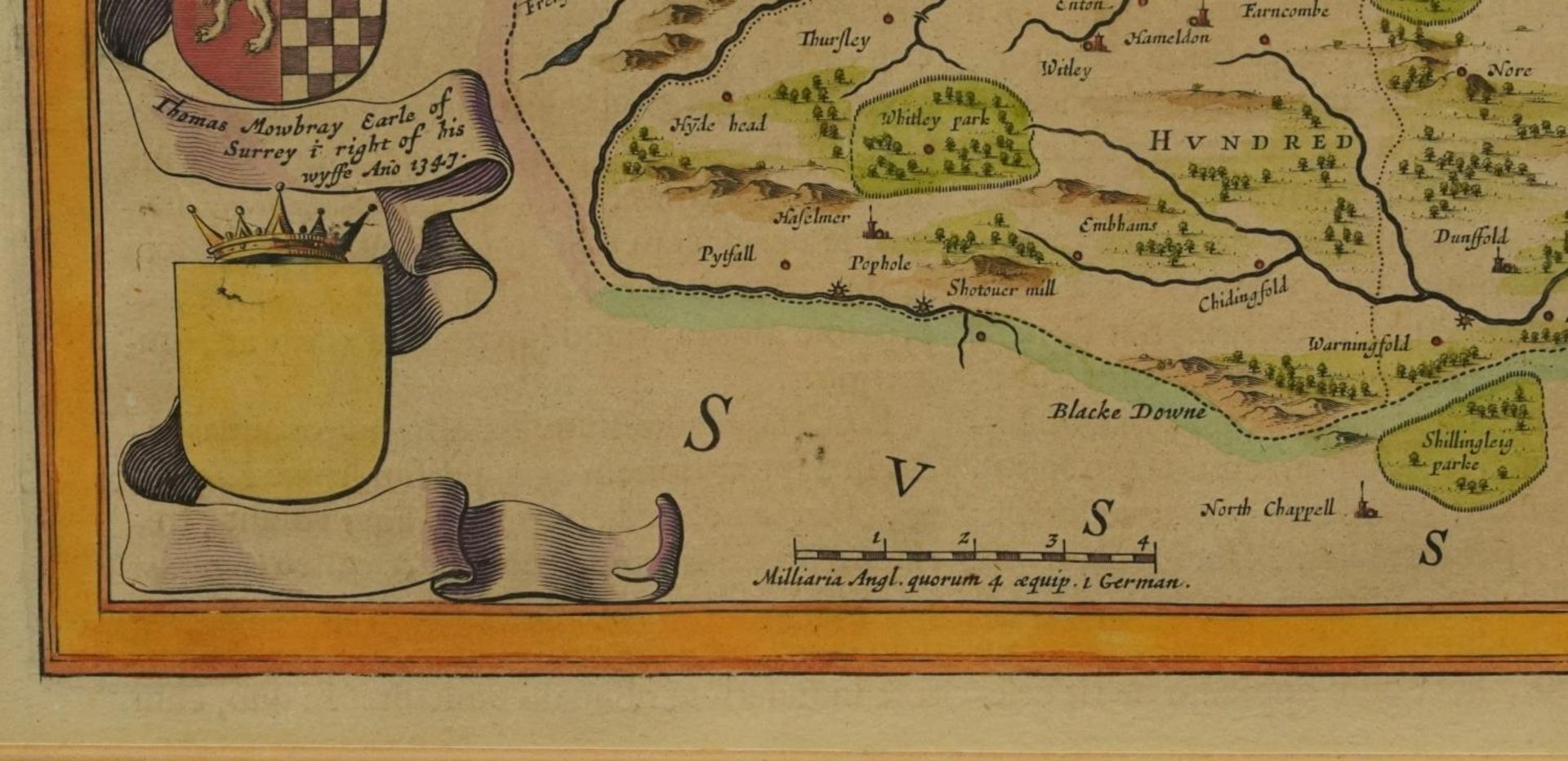 Map of Surrey, antique hand coloured map with crests, mounted, framed and glazed, 50cm x 39cm - Bild 3 aus 5