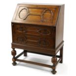 Carved oak bureau with bulbous legs, 100.5cm H x 73.5cm W x 44cm D