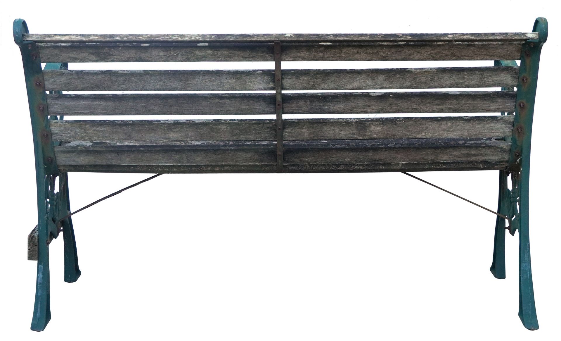 Green painted cast iron wooden slatted garden bench, 76cm high x 127cm wide - Image 2 of 2