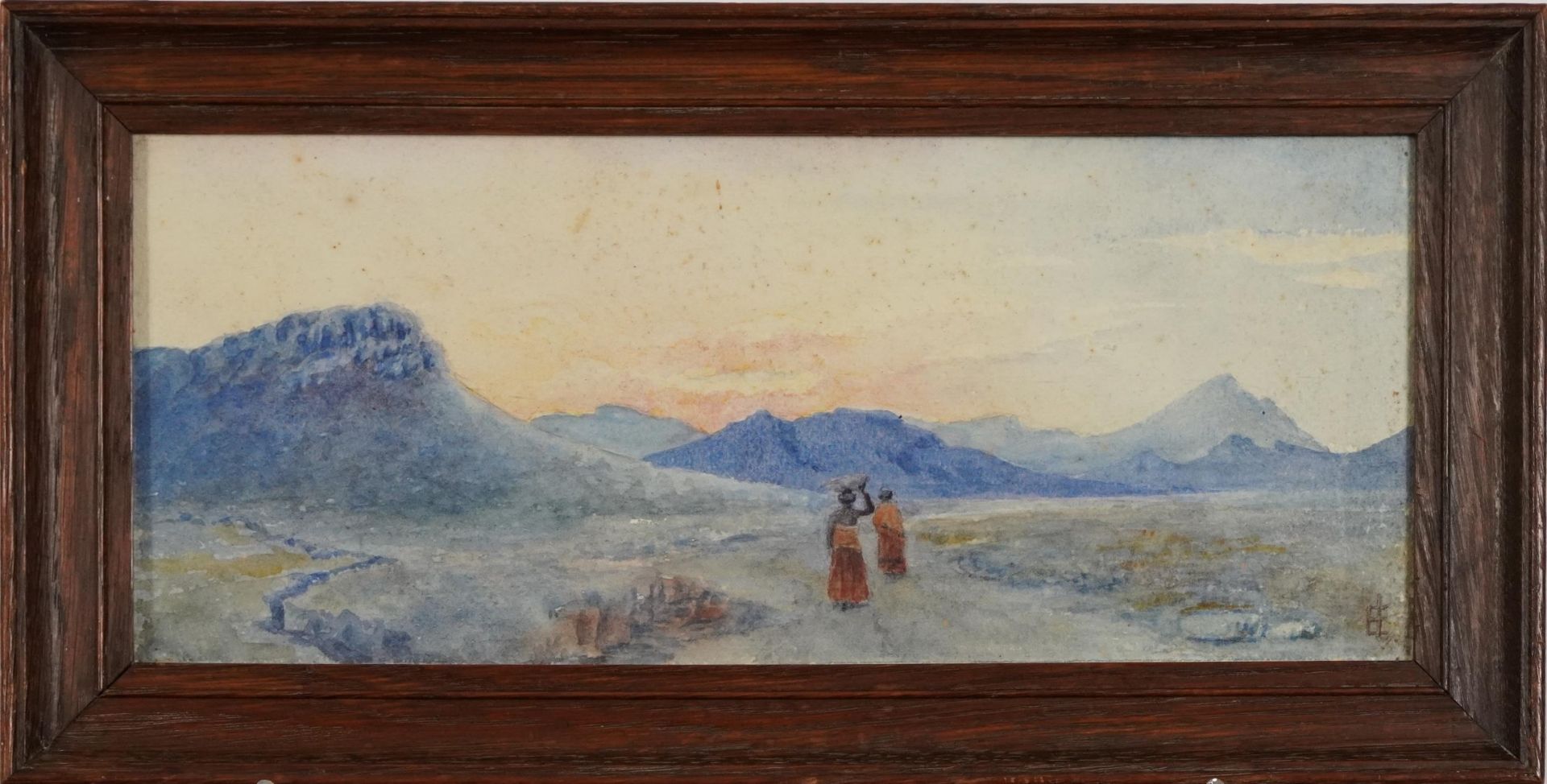 Two females wearing traditional dress before a mountainous landscape, African school watercolour, - Bild 2 aus 4