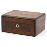 19th century inlaid burr walnut workbox with mother of pearl inlay, 13cm H x 27.5cm W x 20cm D