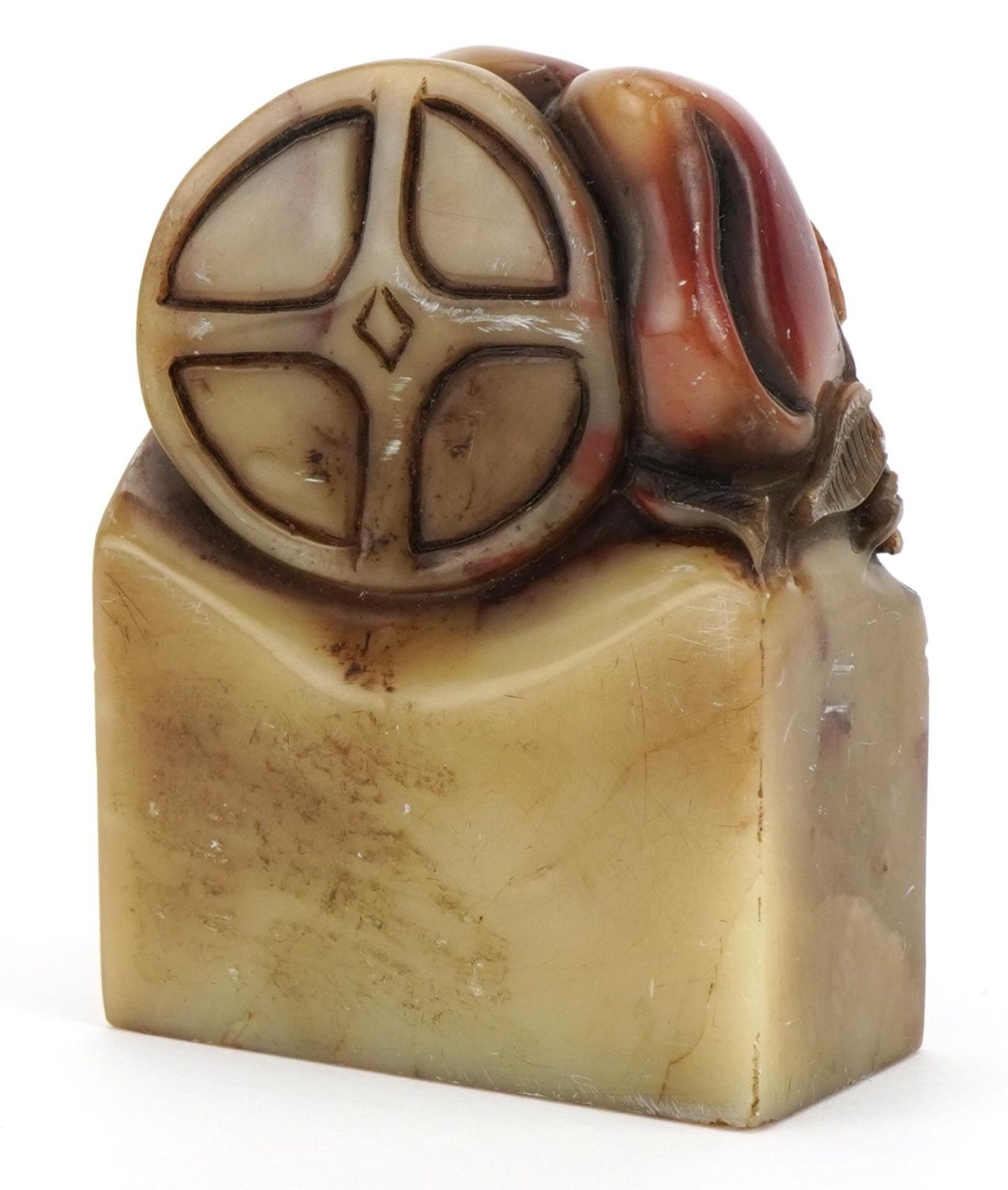 Chinese soapstone seal carved with flowers and fruit, six figure character marks to the base, 7cm - Image 2 of 3