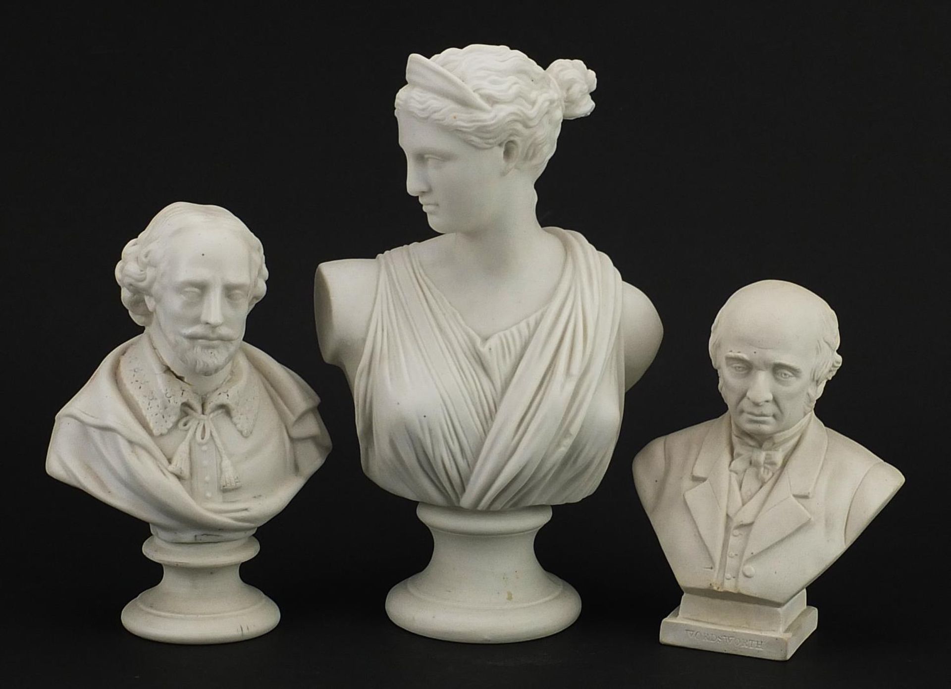 Three parian ware busts comprising Shakespeare by James and Thomas Bevington, Wordsworth by W H Goss