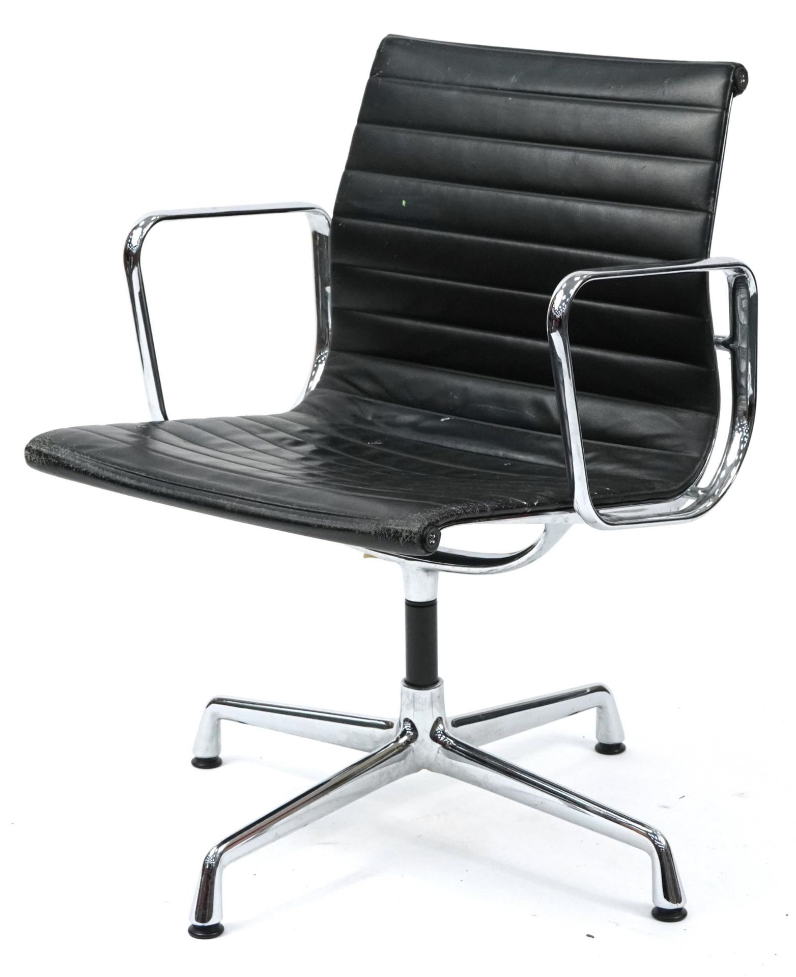 Charles Eames for Vitra, ea 108 swivel chair chair with black leather uphostery, Vitra label to