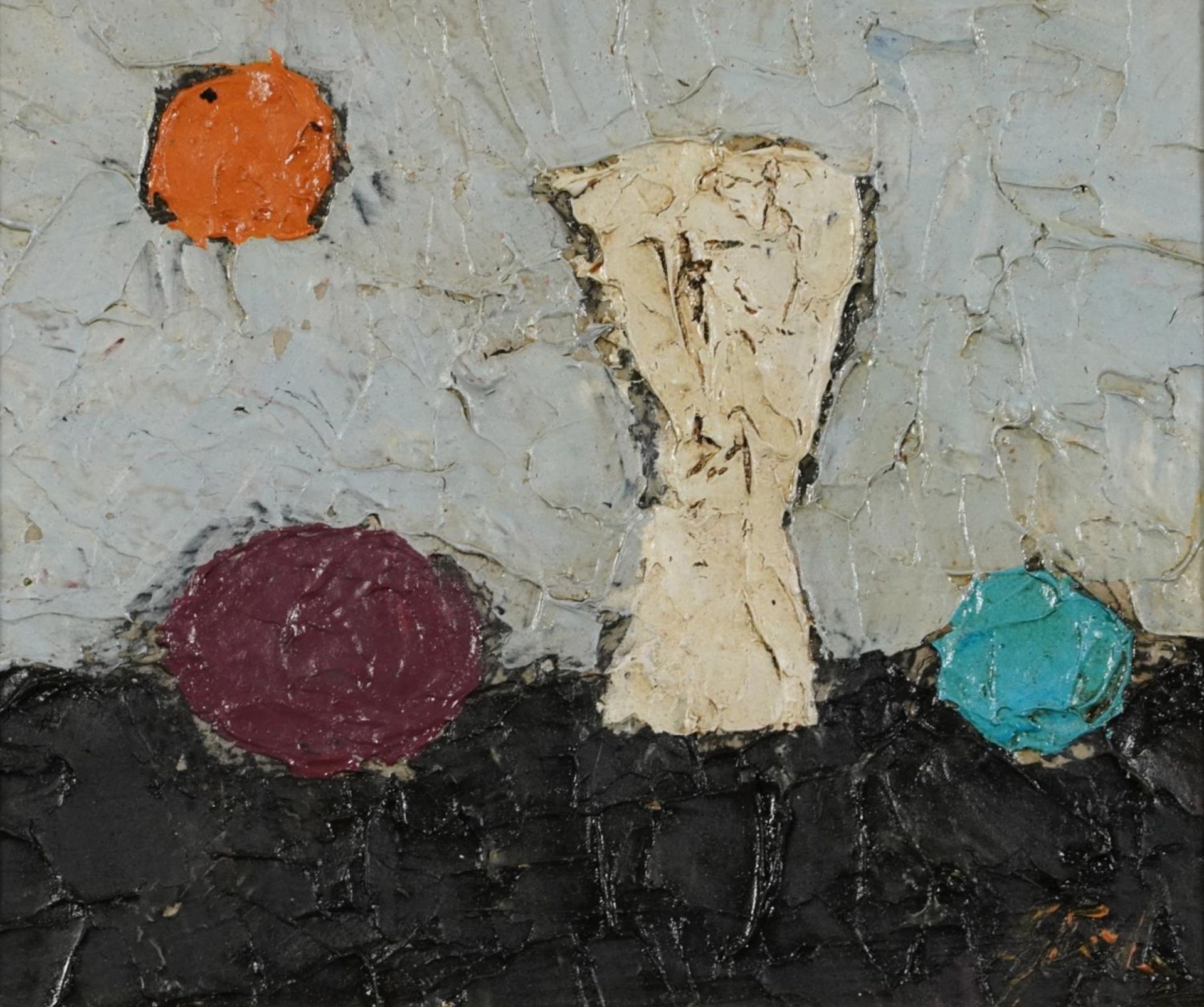 Abstract composition, still life vessels, impasto oil on board, mounted and framed, 29cm x 24cm