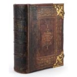 Large antique tooled leather bound family bible with brass mounts, inscribed August 20th 1901,