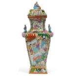 Chinese Canton porcelain vase and cover with twin handles, finely hand painted in the famille rose