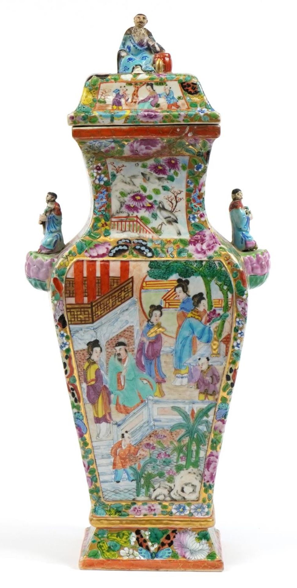 Chinese Canton porcelain vase and cover with twin handles, finely hand painted in the famille rose