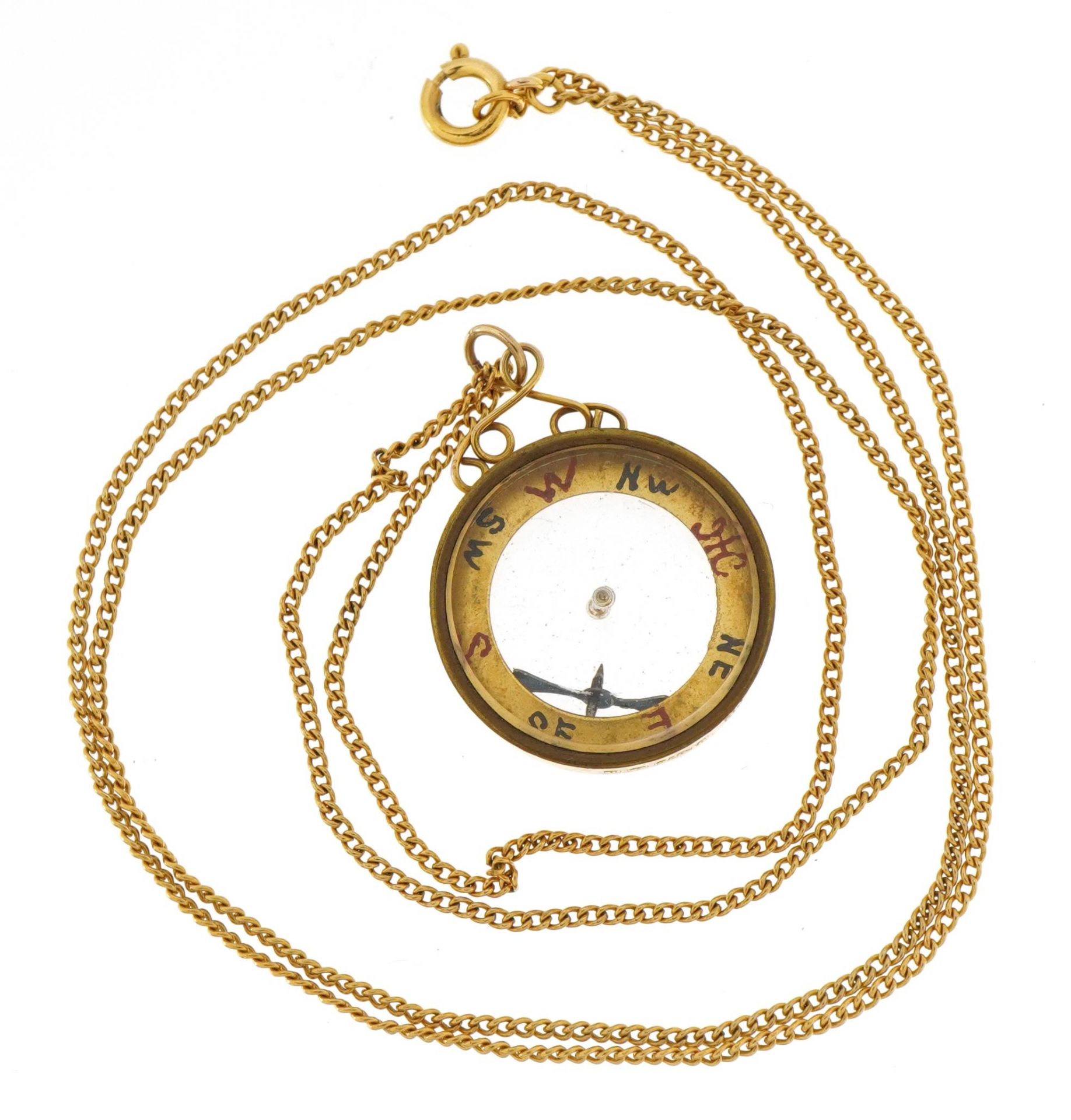 9ct gold compass pendant on an unmarked gold necklace, tests as 9ct gold, 2.5cm high and 60cm in - Image 3 of 4