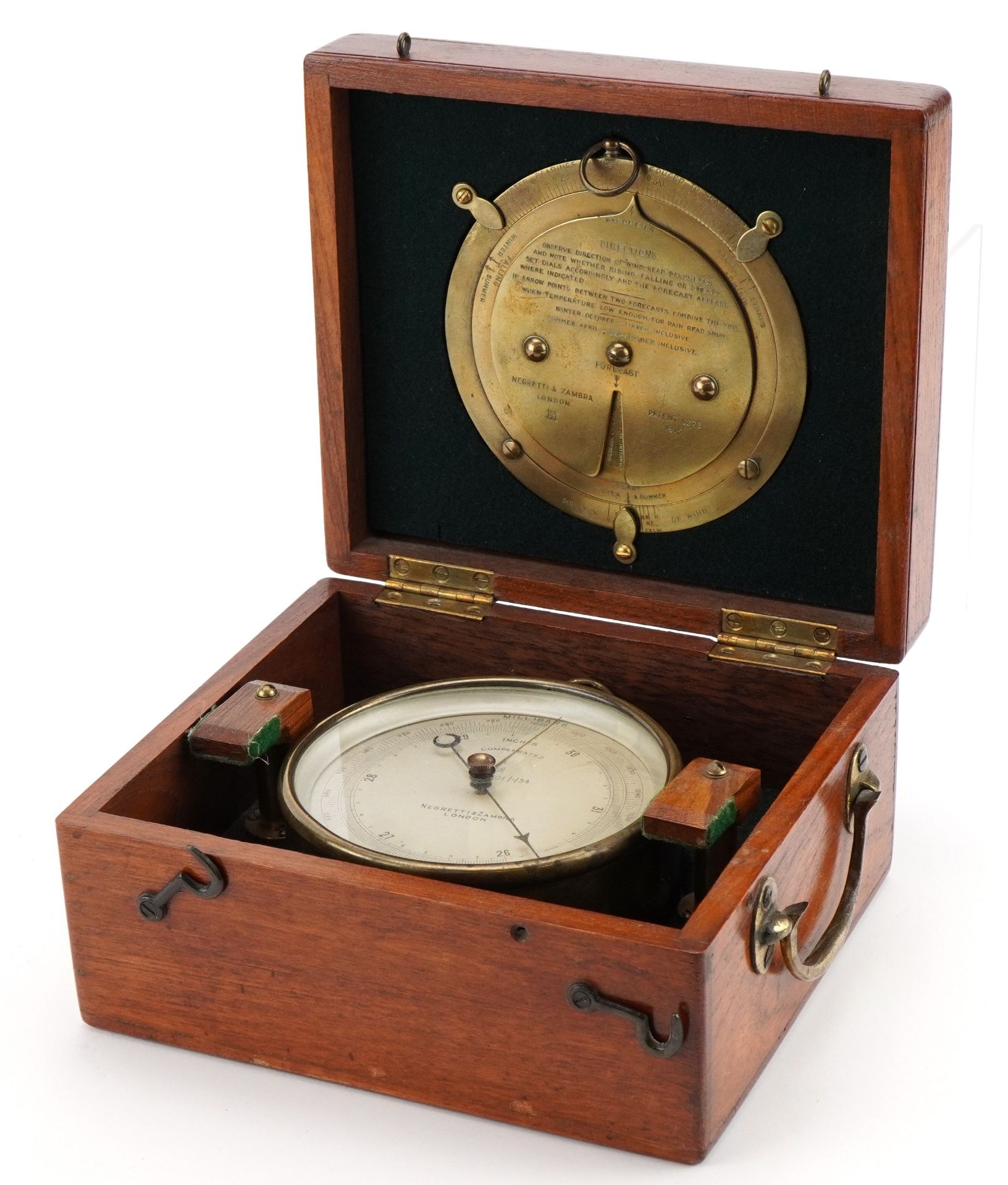 Negretti & Zambra of London, brass cased wall hanging compensated barometer housed in an oak case