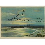 Peter Scott - Coastal scene with birds in flight, pencil signed print in colour, published by Arthur