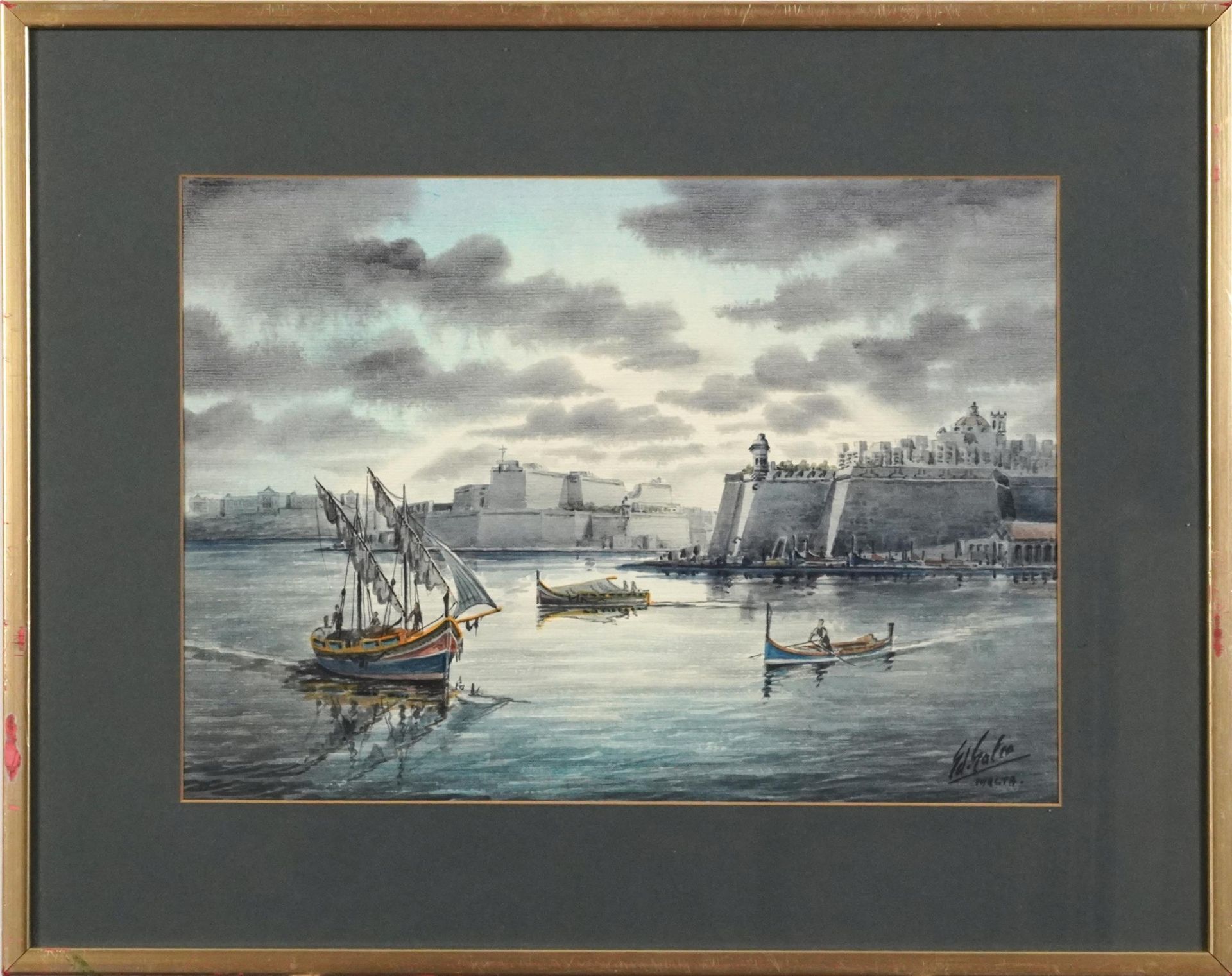 Harbour scene with fishing boats, Malta, watercolour, inscribed Galea, mounted, framed and glazed, - Image 2 of 4