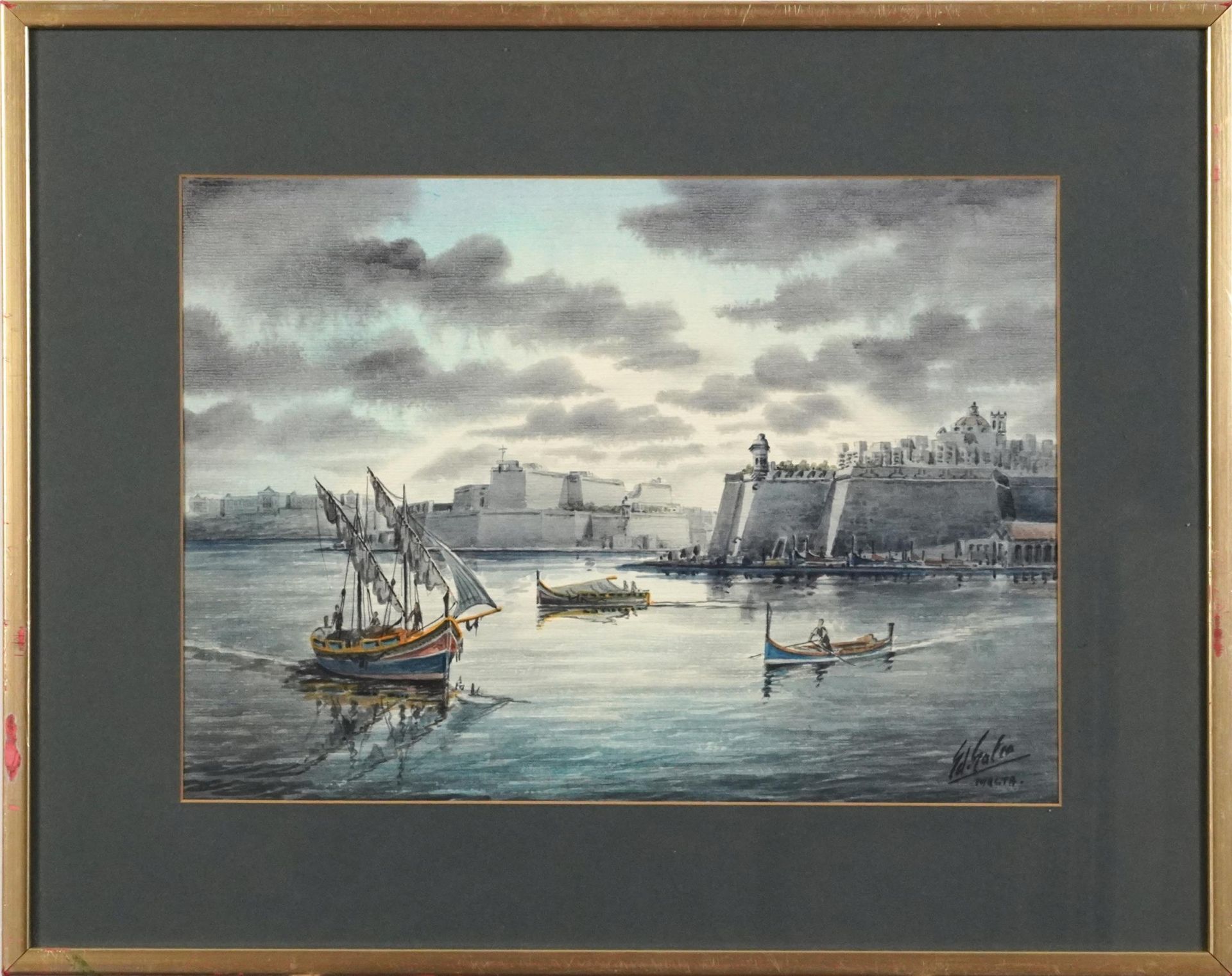 Harbour scene with fishing boats, Malta, watercolour, inscribed Galea, mounted, framed and glazed, - Bild 2 aus 4