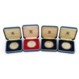 Four silver proof coins with fitted cases including Queen's Silver Jubilee and 1981 His Royal