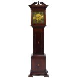 Antique inlaid mahogany longcase clock with broken swan neck pediment, the gilt dial with Roman