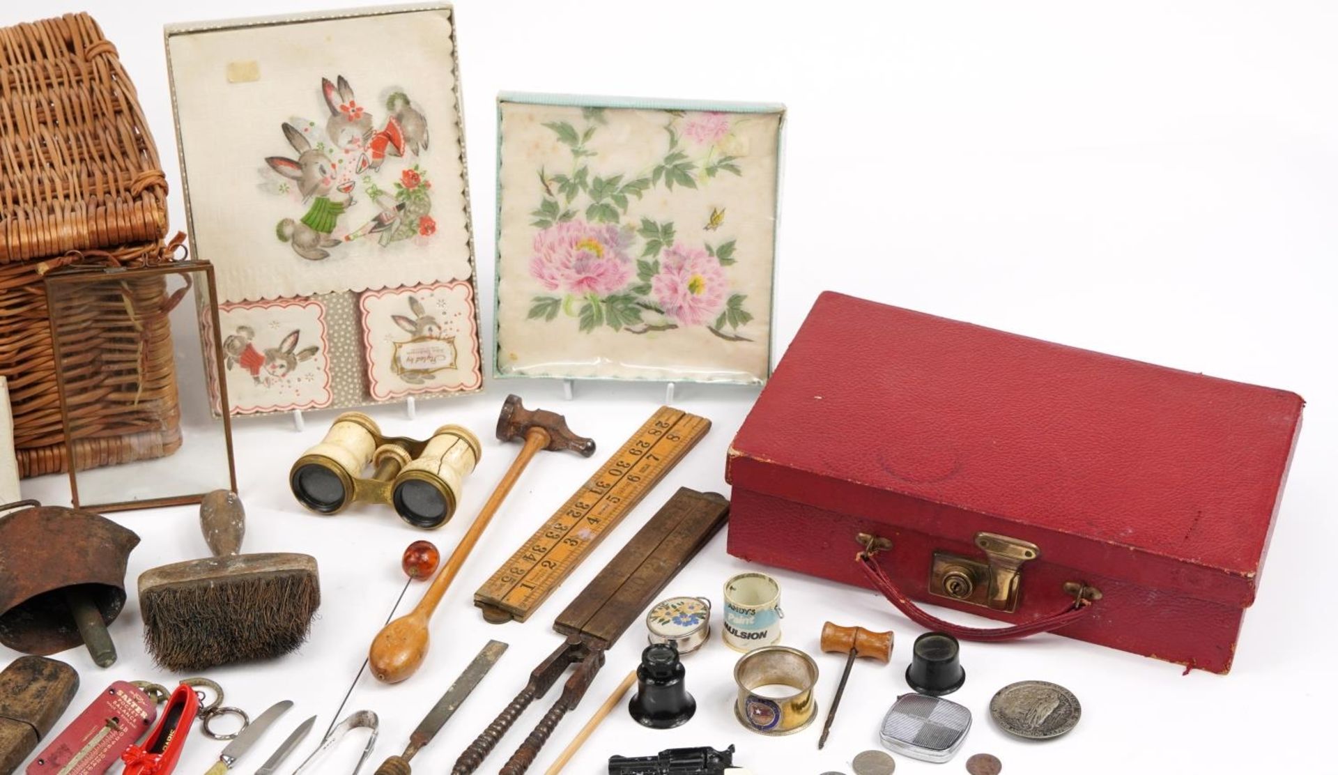 Antique and later objects including bone opera glasses, world coins, folding boxwood rules, cow - Image 3 of 5