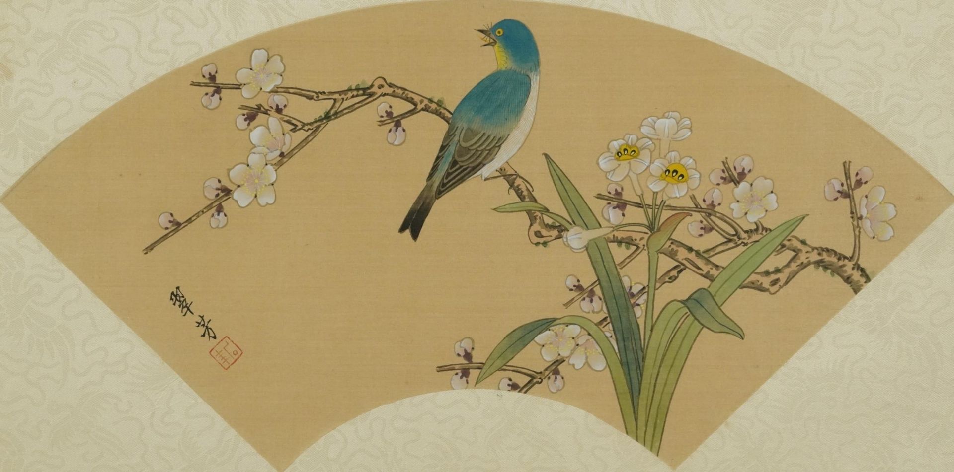 Bird amongst flowers, Chinese fan shaped ink and watercolour with character marks and red seal